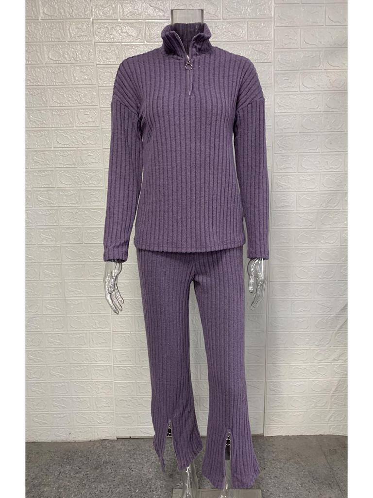 Spring 2025 Women's Solid Color Zippered Knit Set: High Neck Ribbed Loungewear Two-Piece
