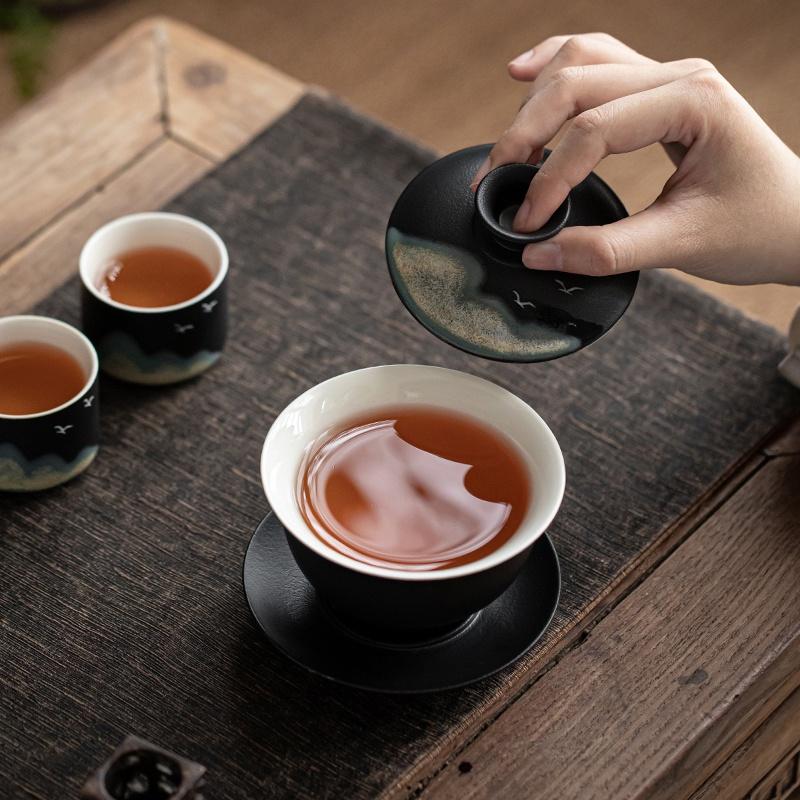 170ml Ceramic Lid Bowl Hand Painted Tea Offering Bowl Japanese Style Tea Bowl