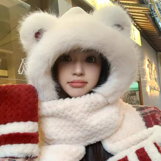 3 in 1 Hat Scarf Gloves Set Bear Ear Decor Thickened Plush Winter Hat Matching Scarf Gloves Function Cold Weather Outfit