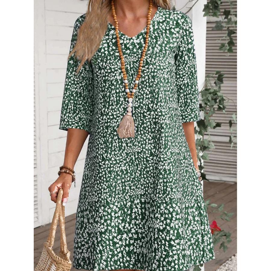Women's Summer V-neck Half Sleeve Midi Dress Vintage Red Green Loose Floral Print Dresses