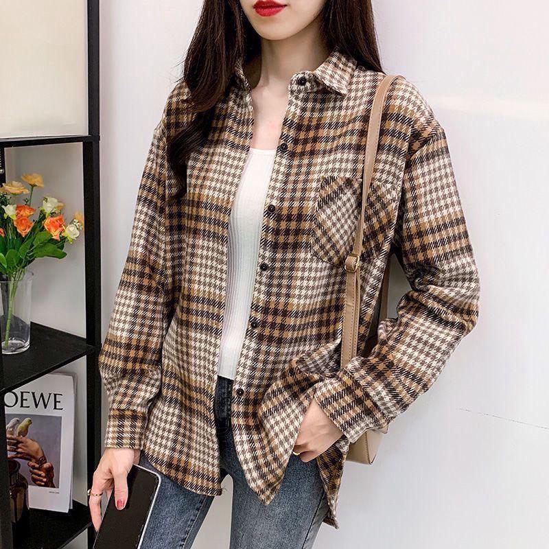 

Ретро клетчатая рубашка с цветовыми блоками 2025 – Женская, размер S, Утепленная для осени/зимы, Свободный топ 2XL (125-135 lbs)