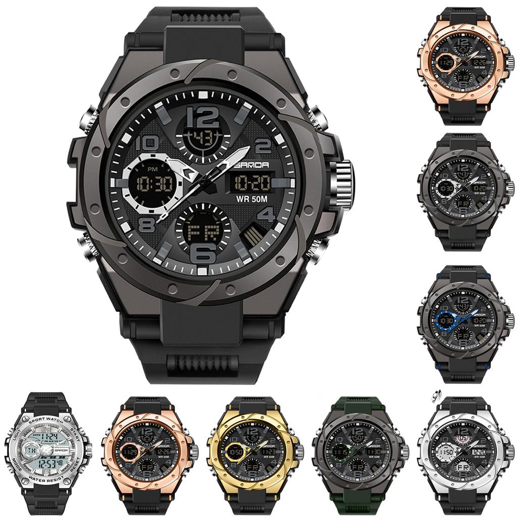 SANDA WR 50M Men's Multifunctional Dual Display Luminous Quartz Watch with Digital and Analog Timekeeping Durable Strap