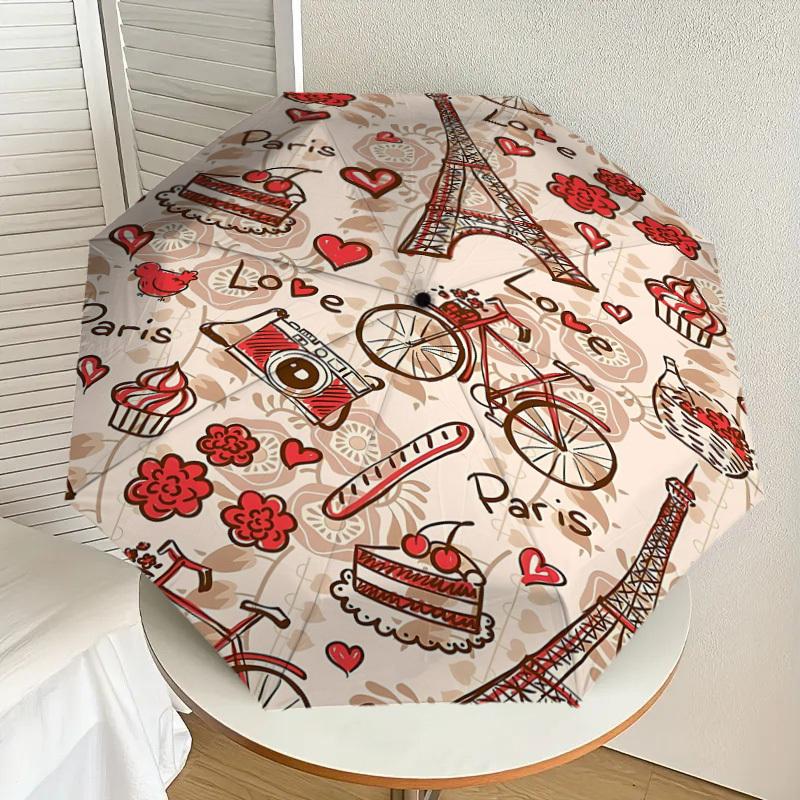 1pc Paris Love Automatic Open/Close Umbrella Compact Folding Umbrella with 8-Rib Shaft for Women/Men, Portable Travel Umbrella,1213S