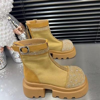Platform Women Ankle Boots Suede High Heels Designer Rhinestone Short Boots Winter Fashion Motorcycle Boots Goth Ladies Booties