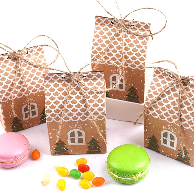 Christmas House Style Christmas Gift Box Kraft Paper Gift Candy Bag Paper Bag Kraft Candy Cookies Box XMAS Party Supplies