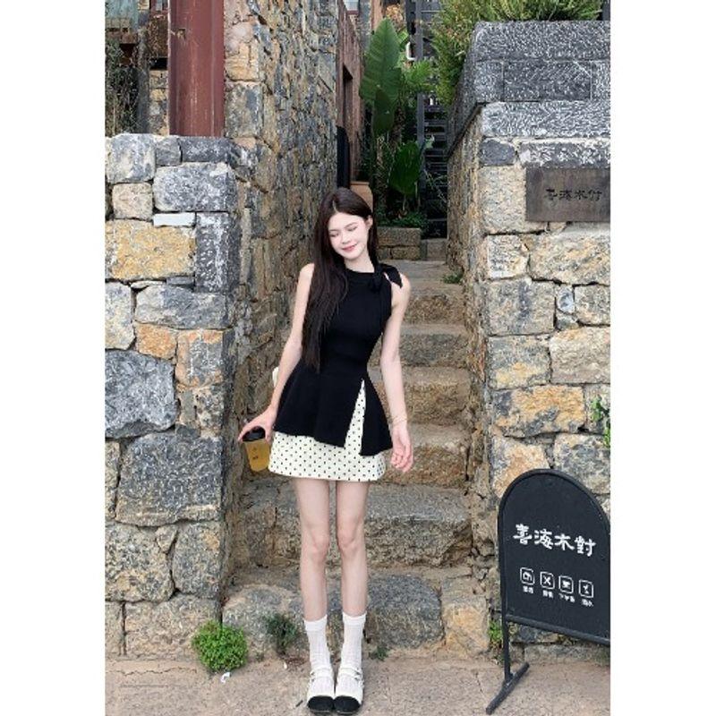

Kumikumi Fashion Set Split Bow Cami Women Summer Polka Dot Sheath Skirt Two-piece Set Apricot Dot Skirt S