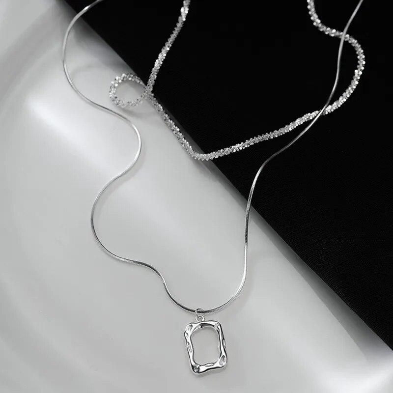 ANENJERY Square Double Layer Lava Picture Frame Stacked Necklace for Women Delicate Clavicle Chain Engagement Jewelry Gifts
