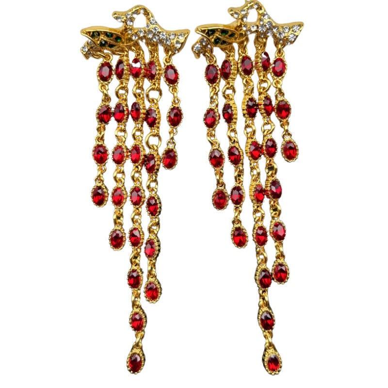 Vintage Heavy Industry Exaggerated Shoulder Sweeping Charm Glass Tassel 925 Silver Needle Earstuds красный