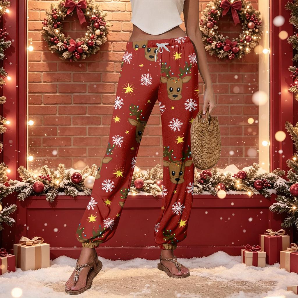 Women's Casual Christmas Print Sweatpants with Elastic Waist and Tapered Cuff Joggers