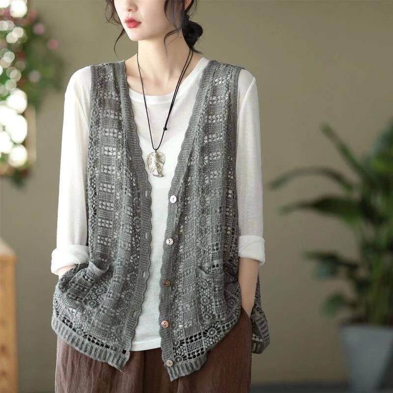 Vest for Women Skeleton Sleeveless Knit V Neck Vest Tops Solid Color Casual Lace Camisole Vest