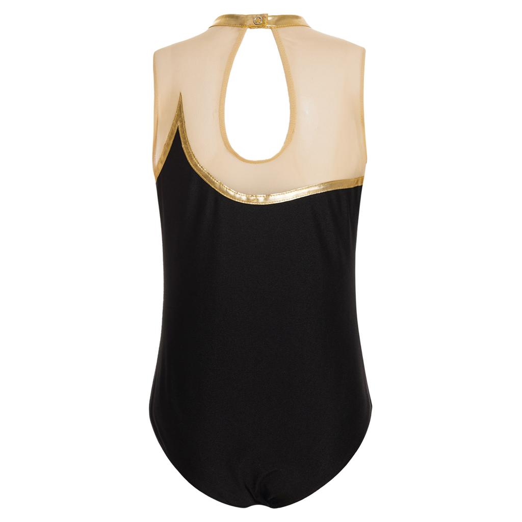 Girls Gymnastics Leotard: Metallic Striped Sheer Mesh Patchwork Keyhole Back Sleeveless Bodysuit for Dance Performance
