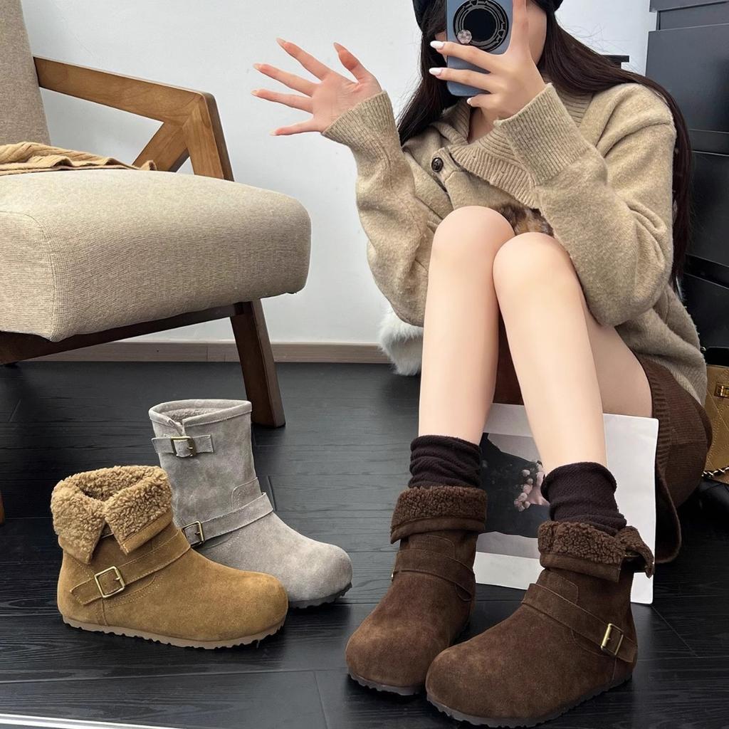 Inner height increase! Short boots hairy boots women's autumn and winter warm piled cotton boots snow boots turned over two women's boots