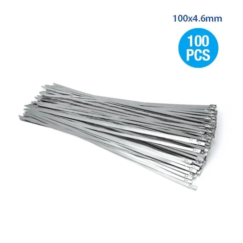 

100 шт. Кабельні стяжки з нержавіючої сталі 304# 4,6 мм Надміцні самозастібні кабельні стяжки-блискавки Металеві хомути для обмотки вихлопної системи з фіксацією 100*4.6mm(100PCS)