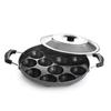 Non Stick 12 Cavity Appam Maker Pan For Quick Snacks With Dual Handle And Stainless Steel Lid