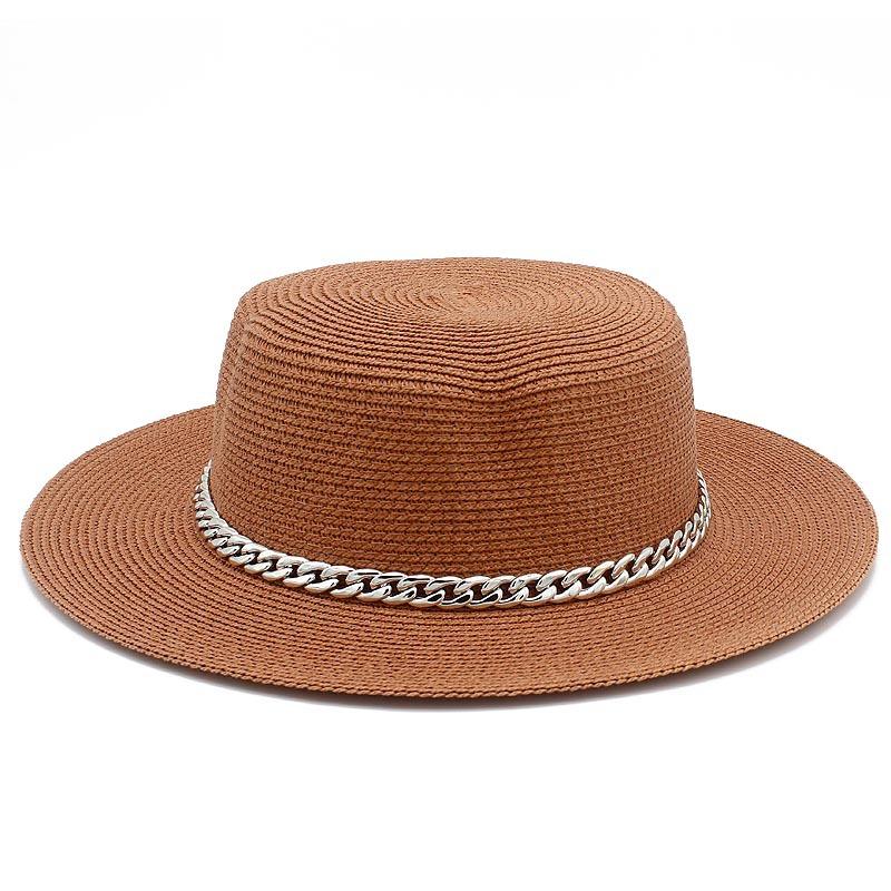Spring and summer women's travel sunscreen straw hat fashion chain solid color beach British style jazz hat Hats