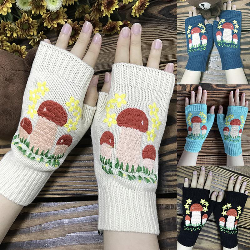 

Женские перчатки с вышивкой грибами, вязаные крючком перчатки с половиной пальца