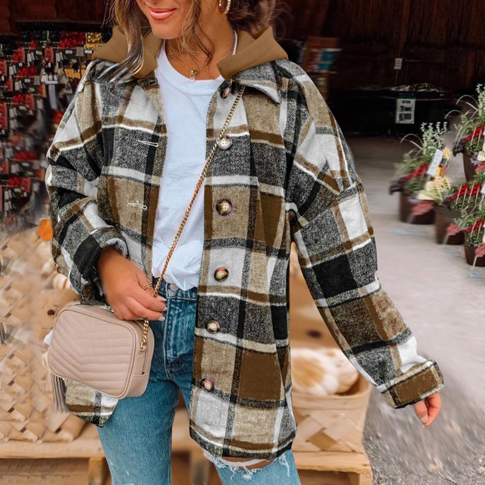 

Plaid Jackets For Women Long Sleeve Crop Tops Lapel Plus Size Sweatshirt Buttons Down Overcoat Fall Fashion Coat L коричневий