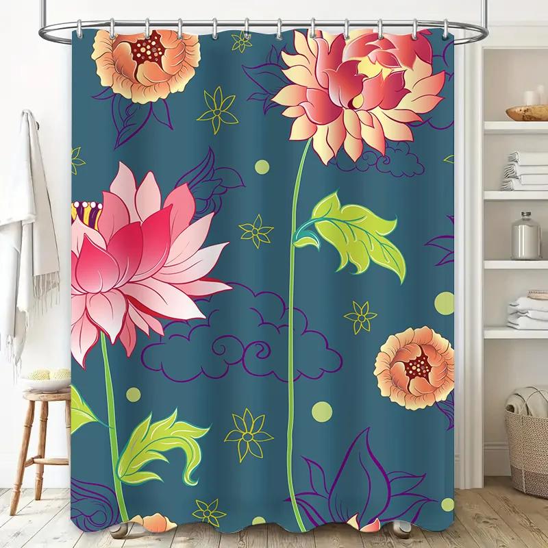 Vibrant Floral Print Shower Curtain Waterproof Fabric for Bathrooms Decor Modern Home Decoration Accessories in Blue Background