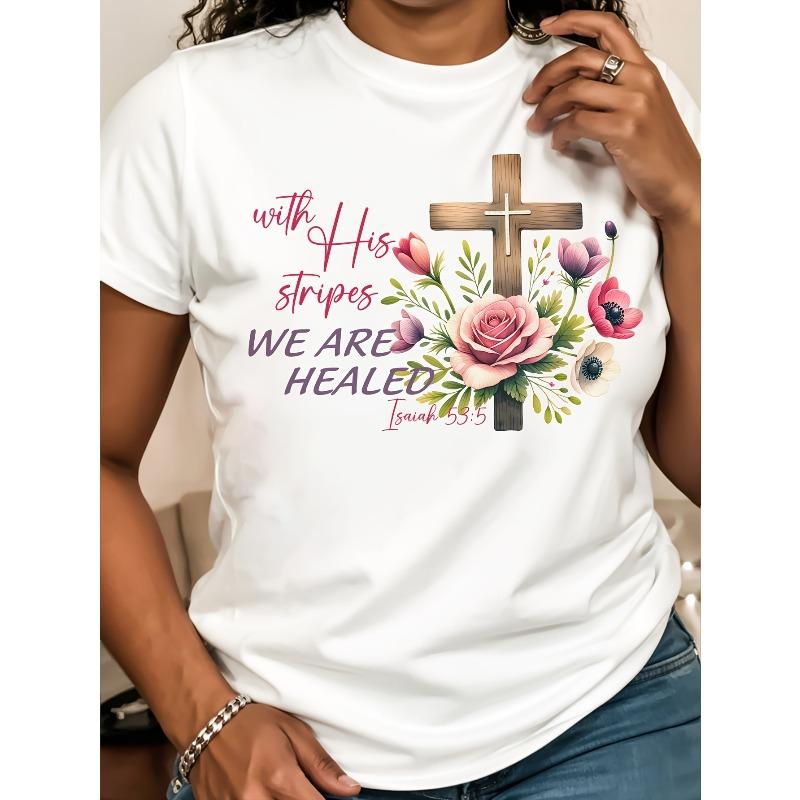 

European Size Women s Jesus T-Shirt with Isaiah 53:5 Verse & Floral Cross Print - Breathable Faith Apparel, Comfortable Short Sleeve Round Neck Top f 4XL