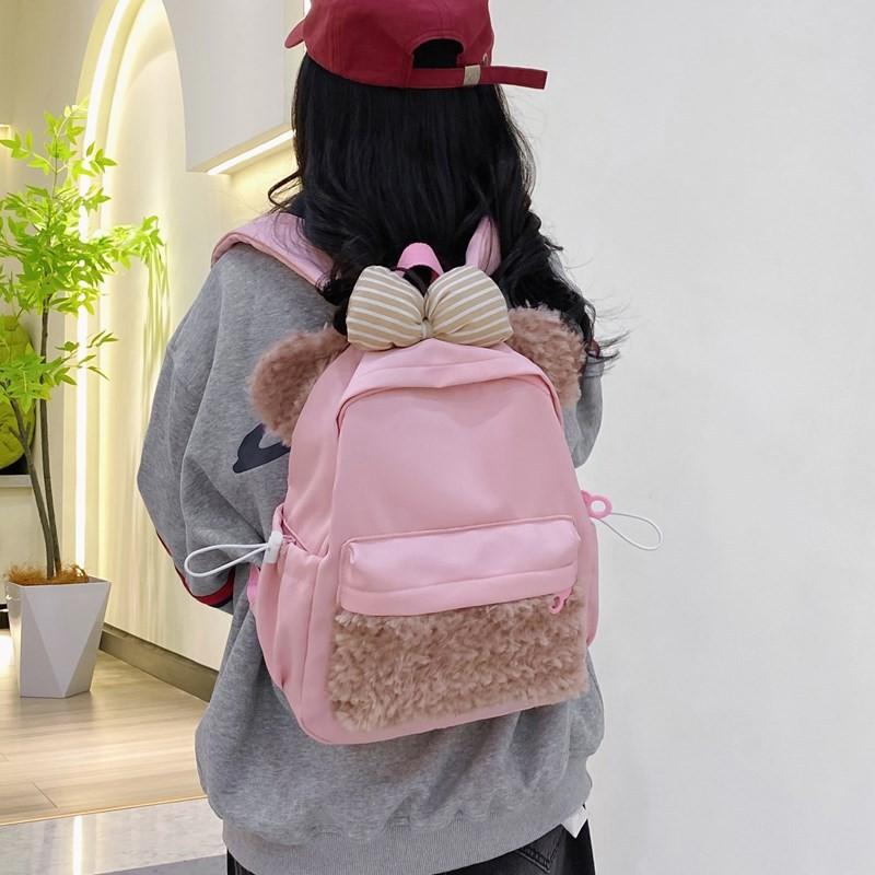Plush Dog Bowknot Backpack With Zipper Design And Adjustable Shoulder Strap