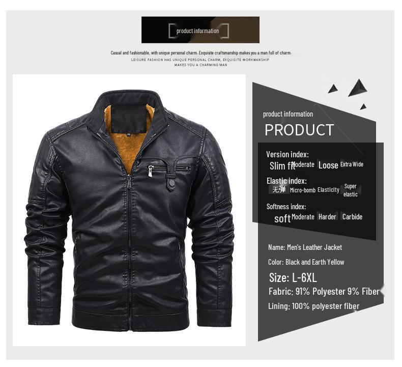 Men's Leather Motorcycle Jacket - European Size, Autumn/Winter, Warm Velvet, Casual PU Leather with Stand Collar.
