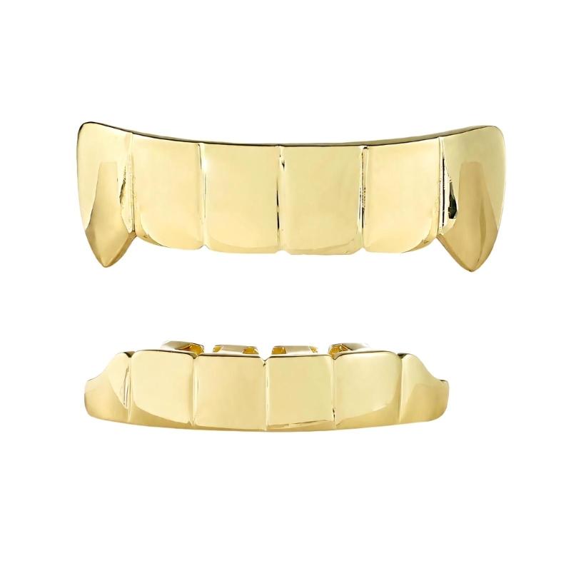 Connected Upper and Lower Tooth Grill Set, Mirror Finish Plated Metal Mouth Jewelry for Party and Stage Styling