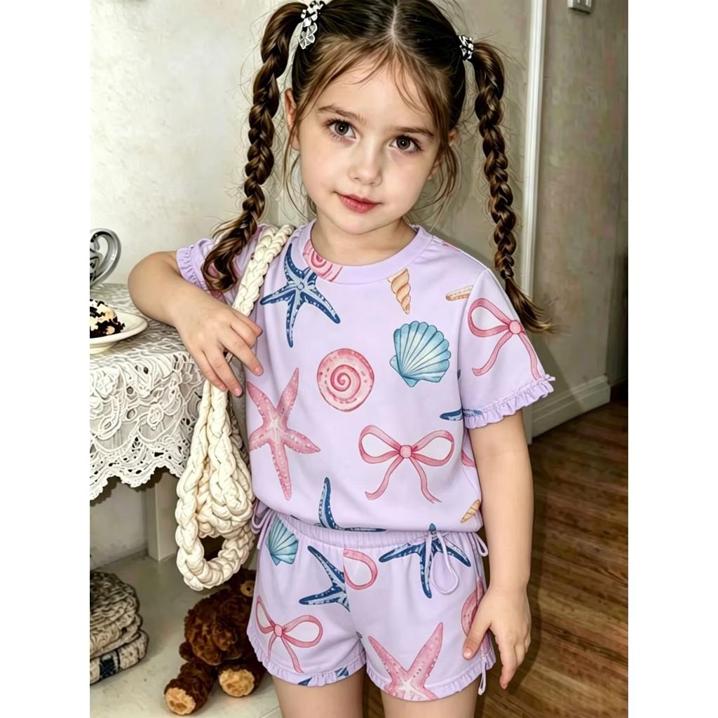 Girls Crew Neck Short Sleeve Matching Shorts Set Sea Star Shell Bow Print Soft Breathable Kids Daily Casual Summer Outfit Ages