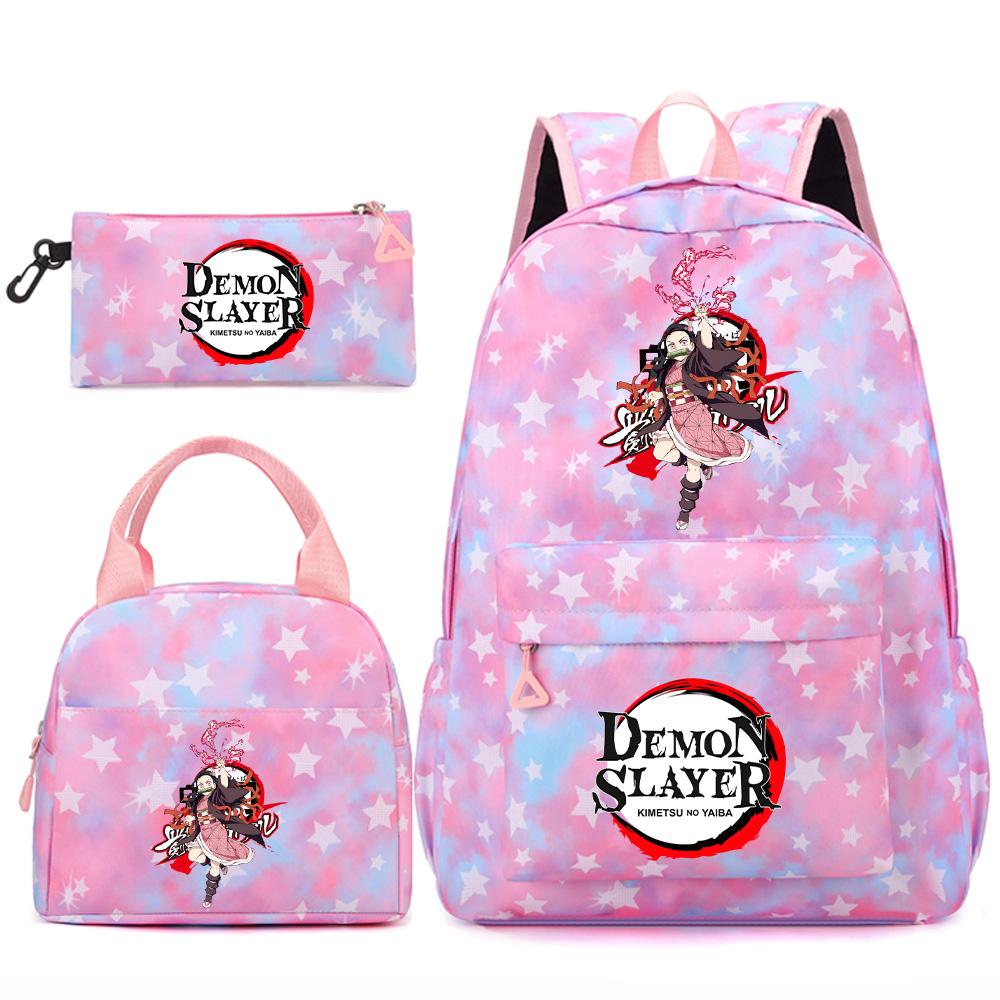 3 st/set Tecknad Demon Slayer Tryckt Ryggsäck Handväska Pennskrin för Tonåring Student Flicka Pojke Skolväska Stor Kapacitet Vattentät Resväska Gåva
