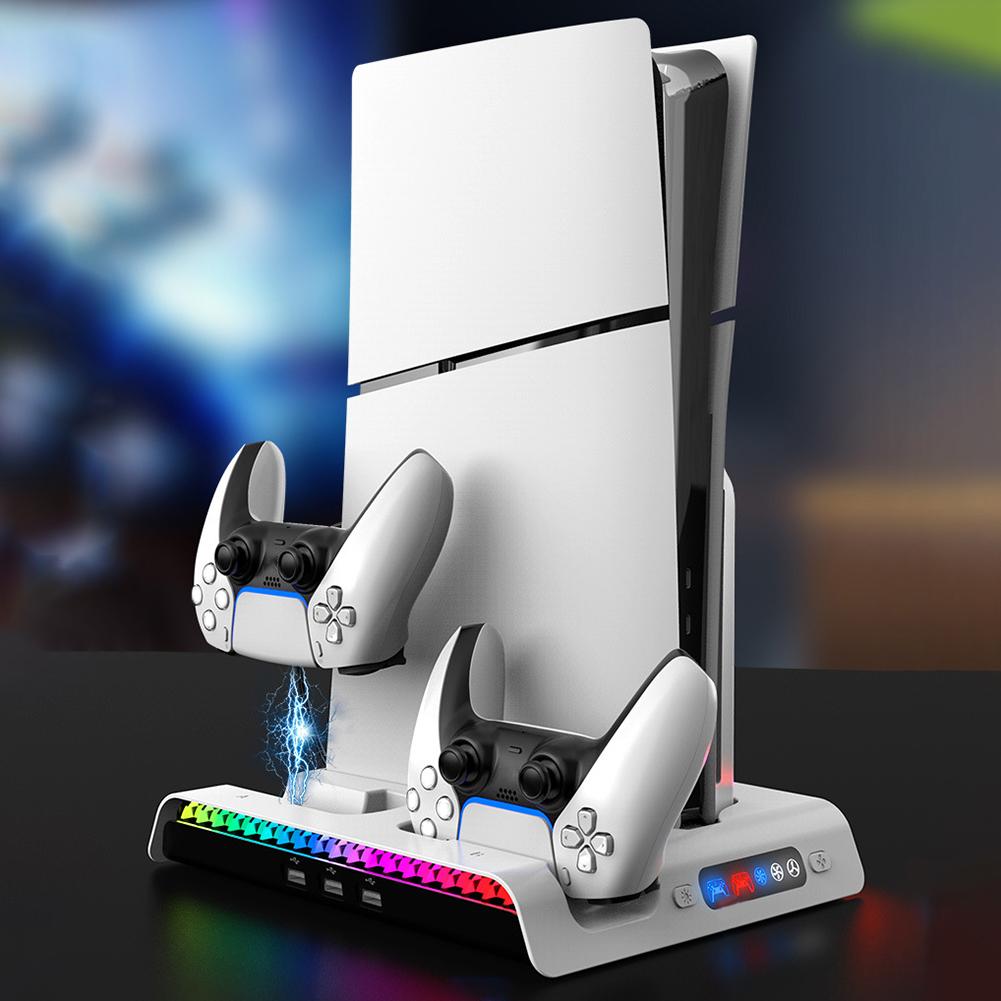 Cooling Station Controller Charging Base 3 Levels Cooling Fan RGB Light 3 USB2.0 Ports for PS5 Slim Console Digital/Disc Edition