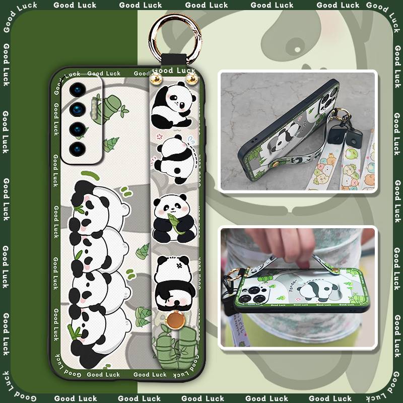 Fashion Design Cute Phone Case For Tecno Camon17P Phone Holder Cartoon Back Cover Shockproof Panda Silicone Ring Lanyard