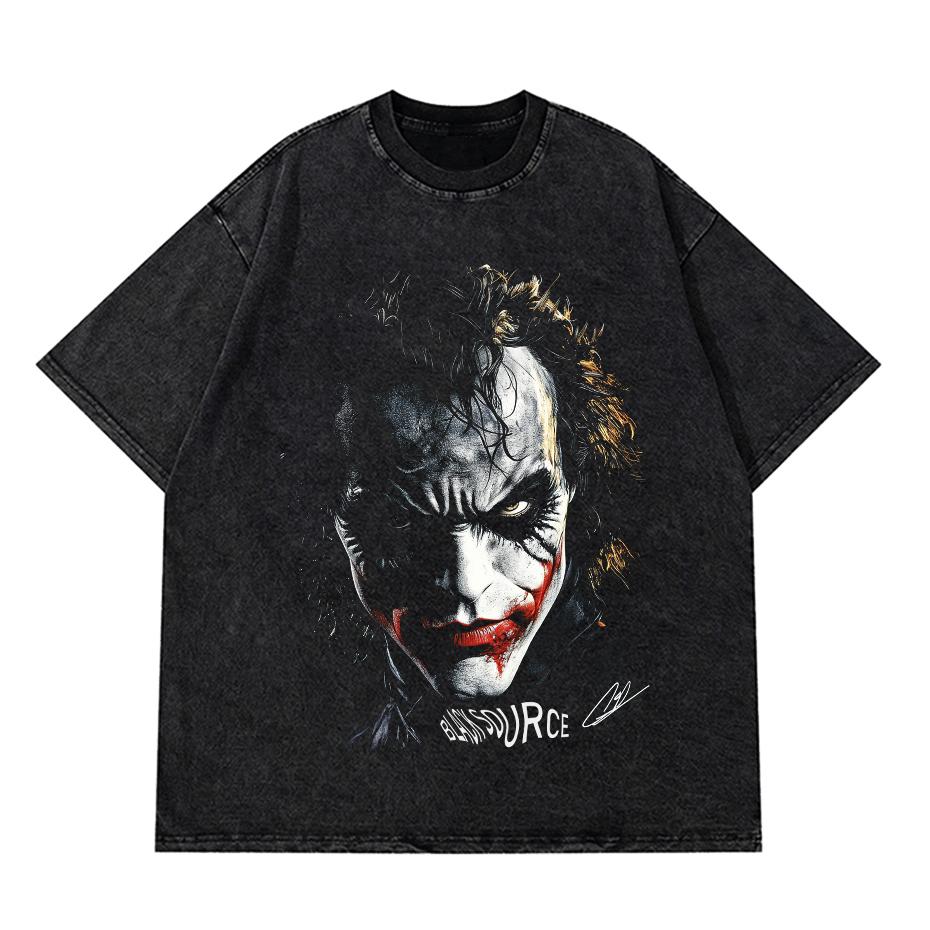 Joker JOKER print washed distressed loose short sleeved Tshirt heavyweight round neck hooded sweatshirt S