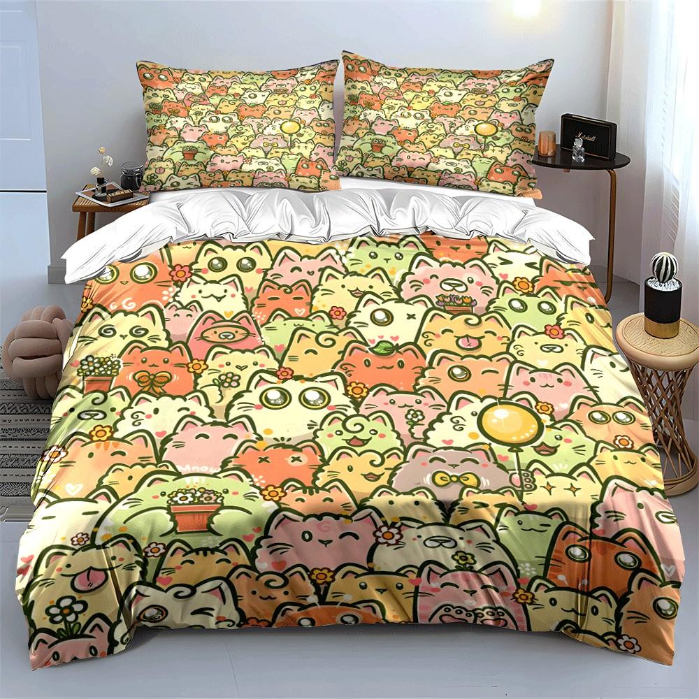 Cute Cat Pattern Three-Piece Set Exquisite Three-Piece Bedding Set Gift For Kids And Adults