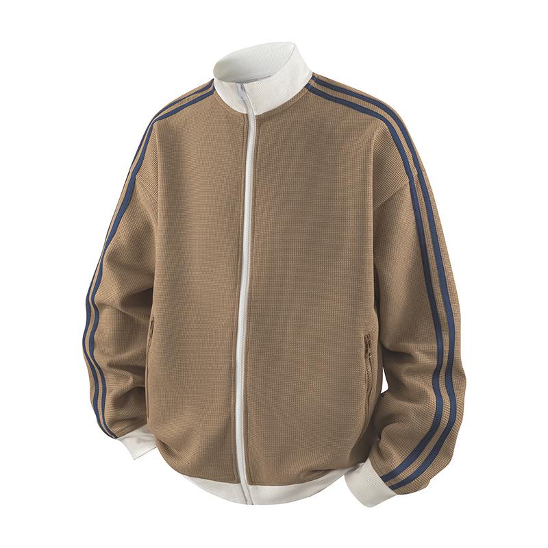 Men s Color Block Retro Cardigan Hoodie - Plus Velvet Thick Stand Collar Jacket, College Style Casual Sportswear. Brown Thin