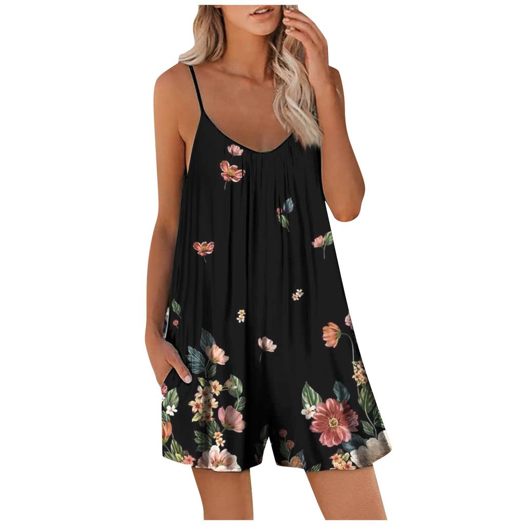 Womens Casual Sleeveless Strap Loose Jumpsuits Stretchy Shorts Romper With Pockets