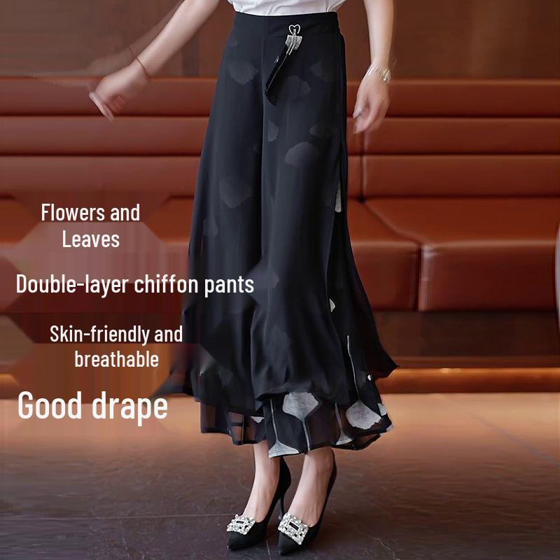 Women s Summer High-Waisted Chiffon Culottes: Slimming Wide-Leg Split Skirt-Pants M for 90-100 lbs