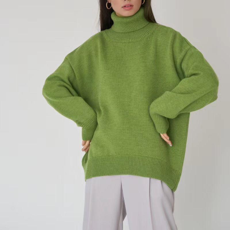New Arrival Fall and Winter Plaid Loose All-Matching Graceful Pullover Turtleneck Sweater Turtleneck Loose Sweater