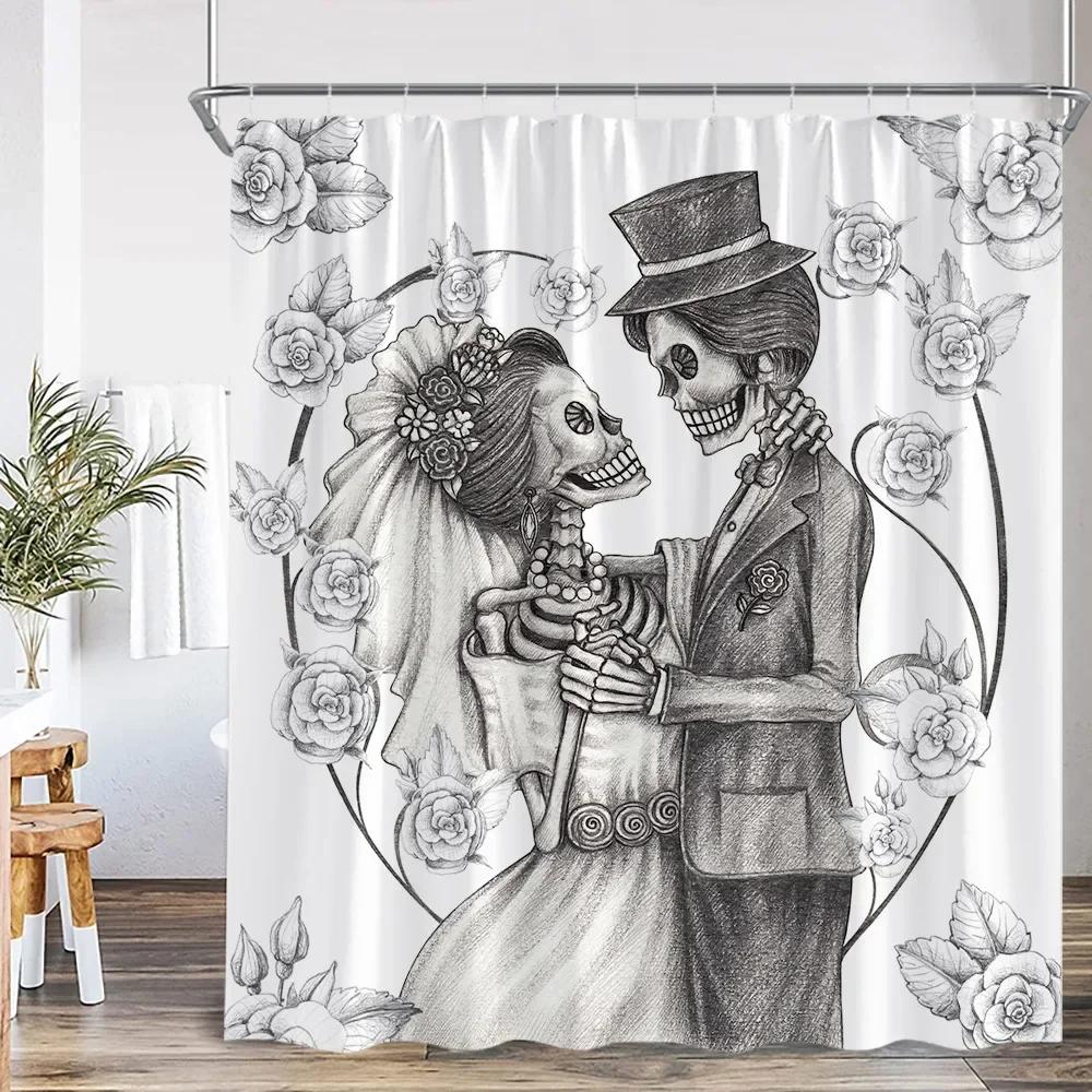 Happy Skull Shower Curtain Halloween Night Party Skull Bathroom Decoration Vintage Polyester Fabric Shower Curtain