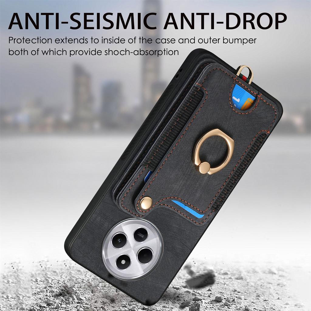 RFID Blocking Case For Xiaomi Redmi 14C 4G/14R 5G/Poco C75 4G Handbag Leather+TPU Phone Cover Card Slots,Ring Holder