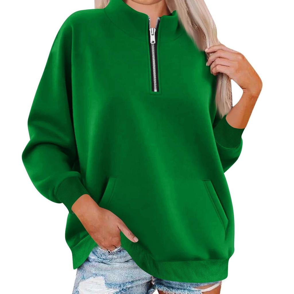 Women's Fashion Long Sleeve Loose Oversize Solid Color Half Zipper Neck Sweater Top With Pockets