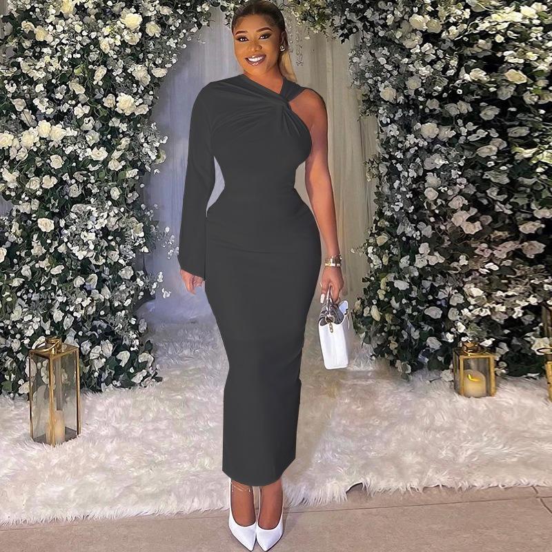 Women's Tight Crew Neck Dress Solid Color Single Sleeve Kinky Skirt Street Hipster Pullover Irregular Dress