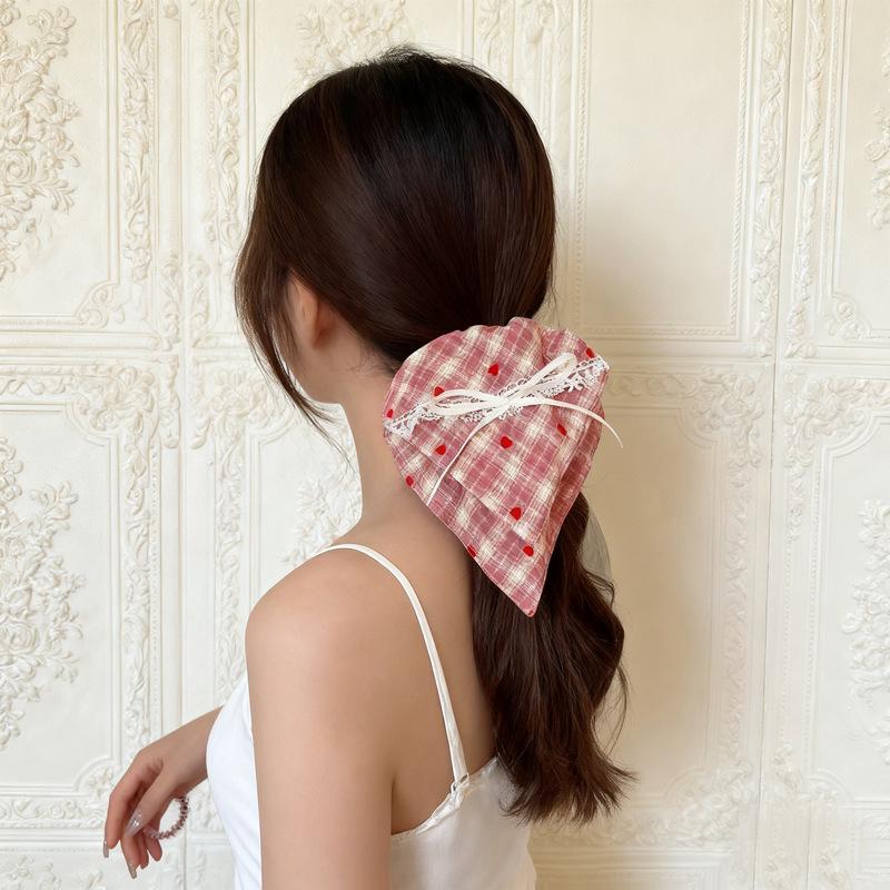 French Retro Pink Plaid Hair Tie Scarf - High Elasticity, Gentle On Hair, Sweet and Cute Hair Accessory