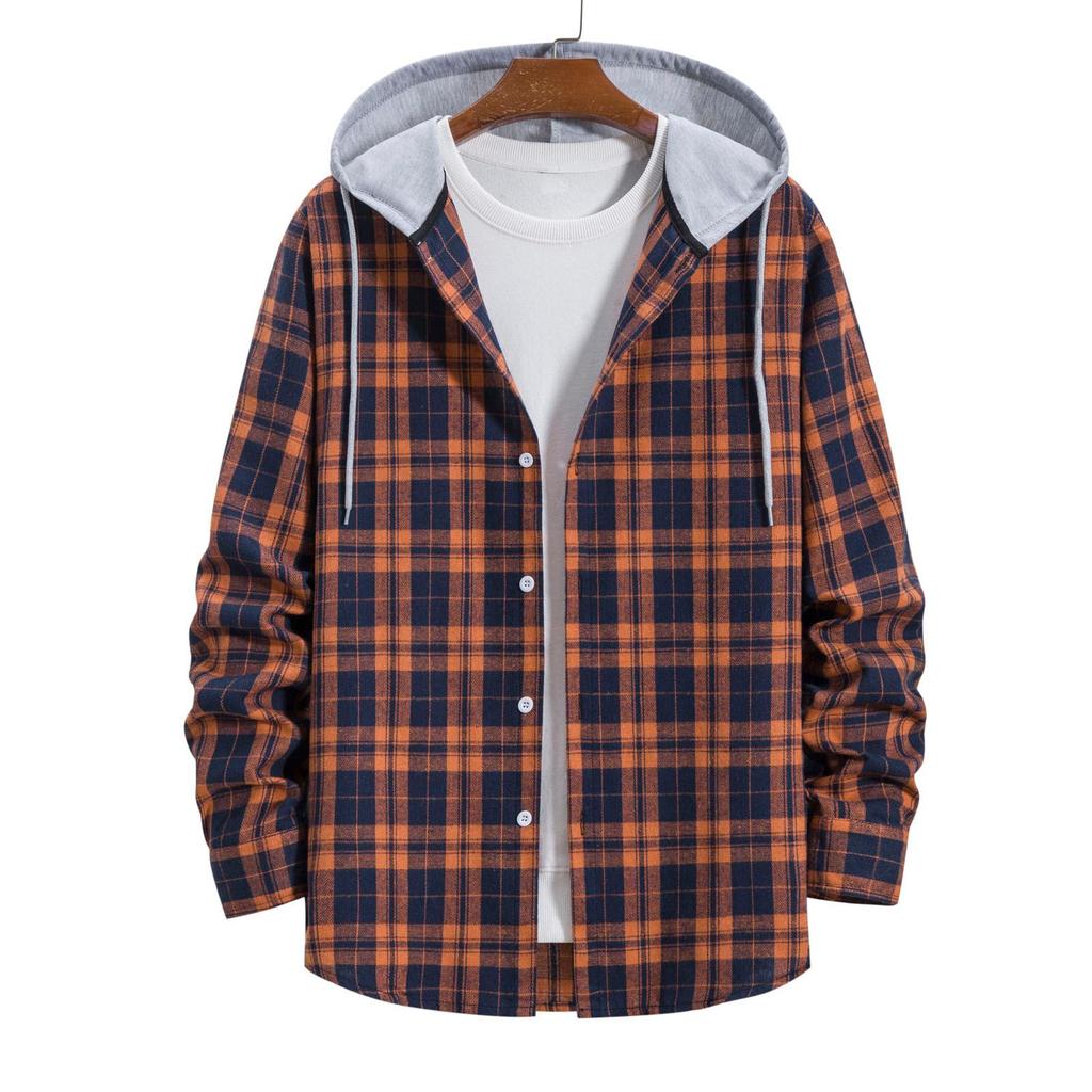 Men Casual Plaid Shirt Hooded Shirts Oversized Casual Shirt Men's Clothes European American Style Handsome Holiday Checked Shirt