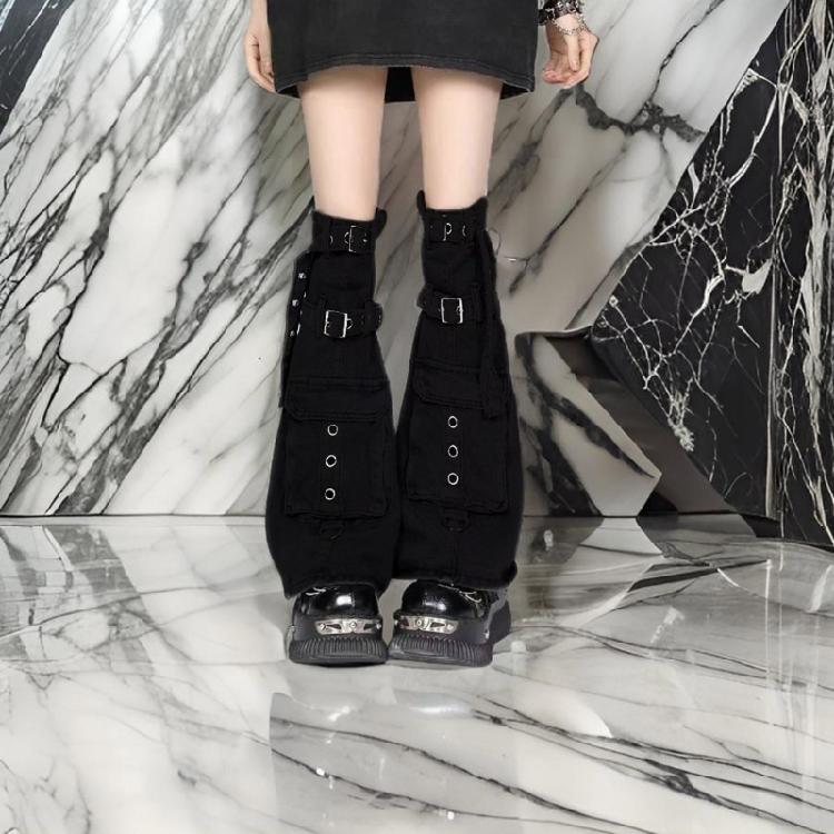 Pocketed Denims Leg Warmers for Womens Harajuku Punk Buckled Strap Boot Cover Flared Over Knee Long Socks Streetwear