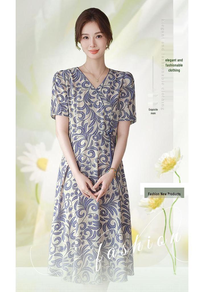 Elegant Floral Mid-Length Summer Dress for Middle-Aged Women
