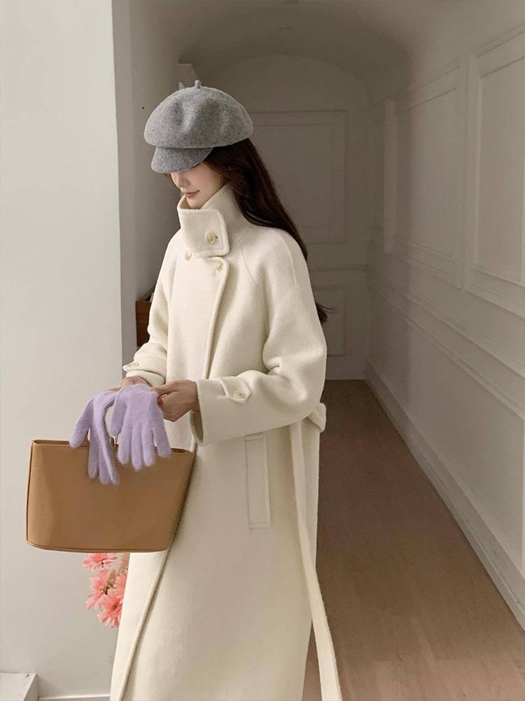 

Французское двустороннее шерстяное пальто высокого класса осень-зима длинное с воротником-стойкой на шнуровке теплое шерстяное пальто женское S