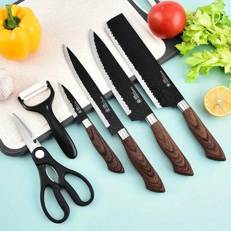 6PCS Stainless Steel Kitchen Knives Set Tools Forged Hammer Pattern Meat Cleaver Stainless Steel Chef Knife Sharp Fruit Paring Knife Gift Case