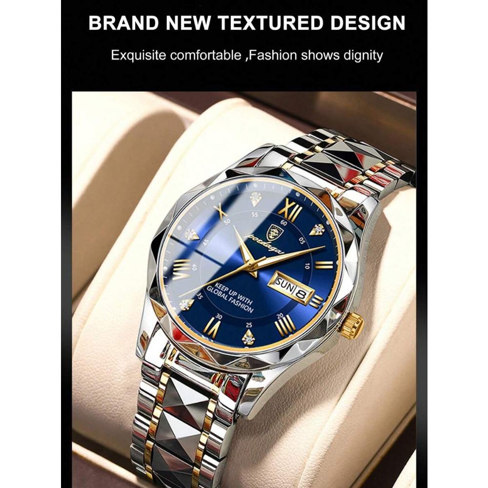 POEDAGAR Business Men's Stainless Steel Dual Calendar Quartz Watch, Casual Waterproof Luminous Men's Watch, Men's Gift