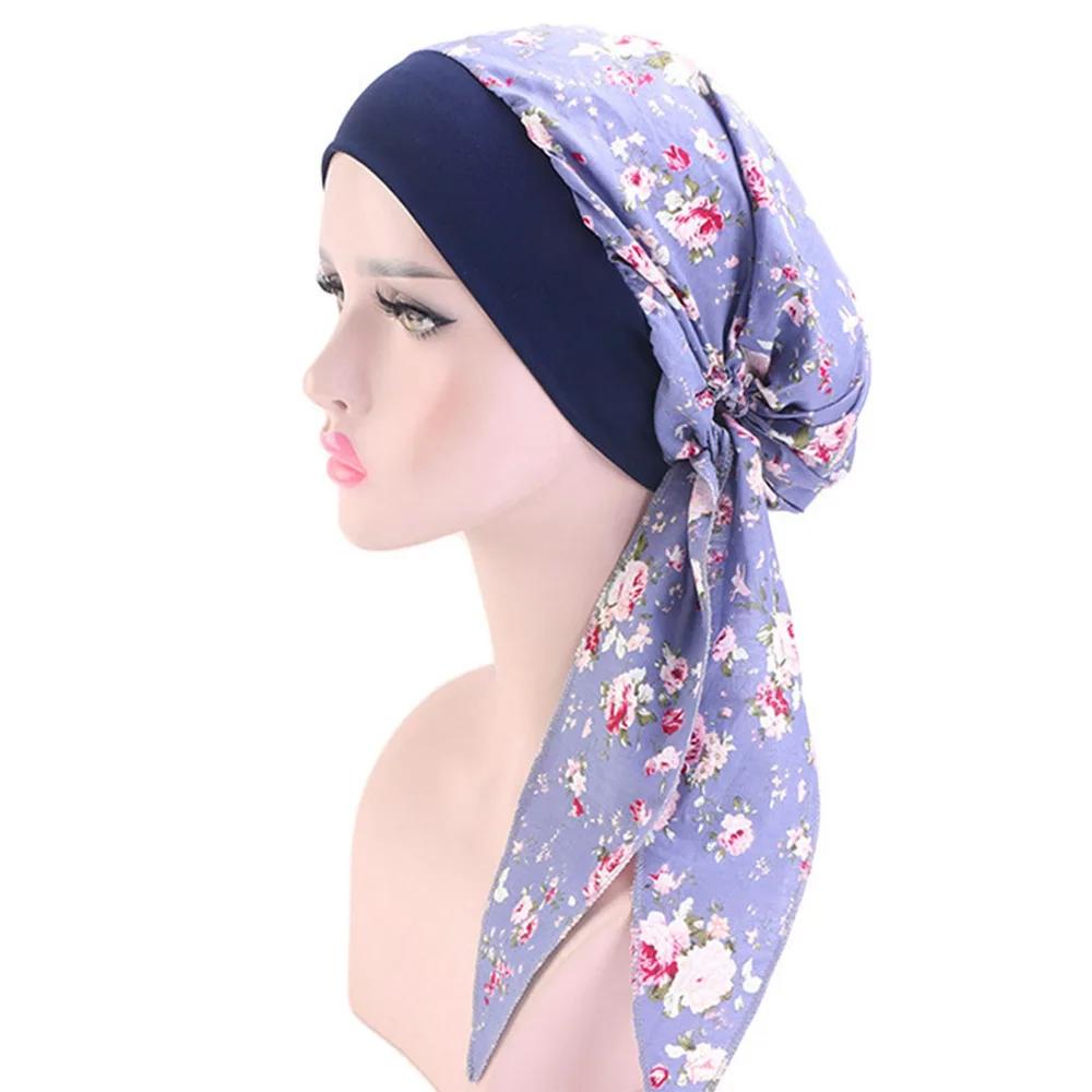 Horké dámské muslimské turbanové hidžábové klobouky na chemoterapii proti rakovině, čepice s květinovým potiskem, kryt na ztrátu vlasů, šátek na hlavu, elastický bandánový wrap, předvázané pokrývky hlavy