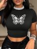 European & American Style Butterfly Print Black Cropped T-shirt - Women's Slim Waist Round Neck Top