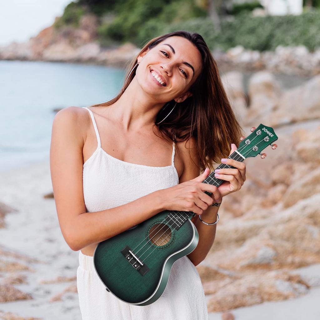 Donner Ukulele Concert Beginner 23 High Quality Polished Accessories Set Including Soft Case and Green Set, Inches, Wood, Finish, 6-Piece Tuner,